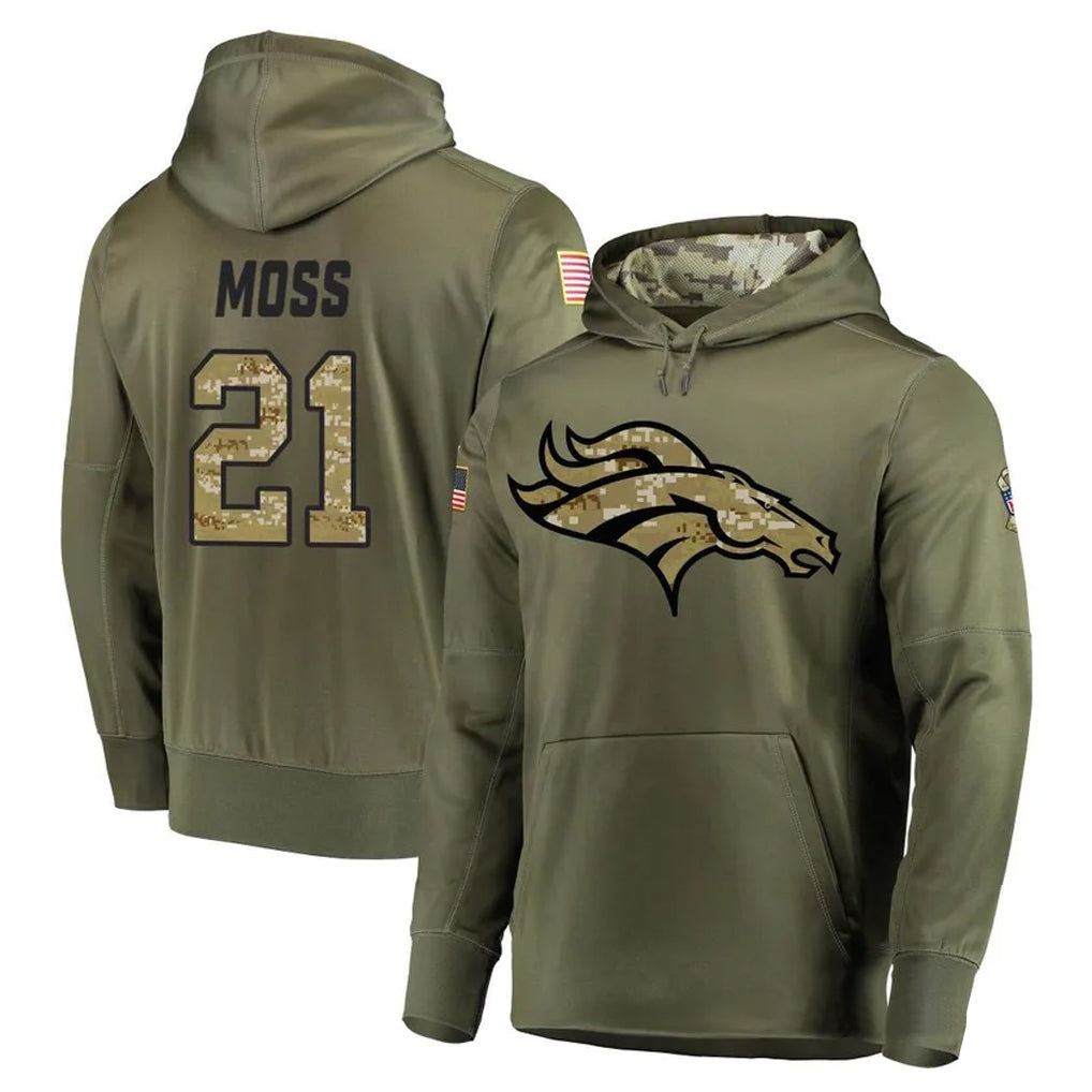 Vanessashop D.Broncos #21 Riley Moss Player Olive Salute to Service Pullover Hoodies Home Game Stitched Jerseys