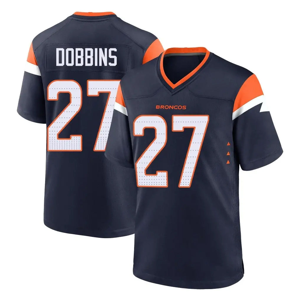 Vanessashop D.Broncos #27 J.K. Dobbins Player Navy Home Game Stitched Jerseys