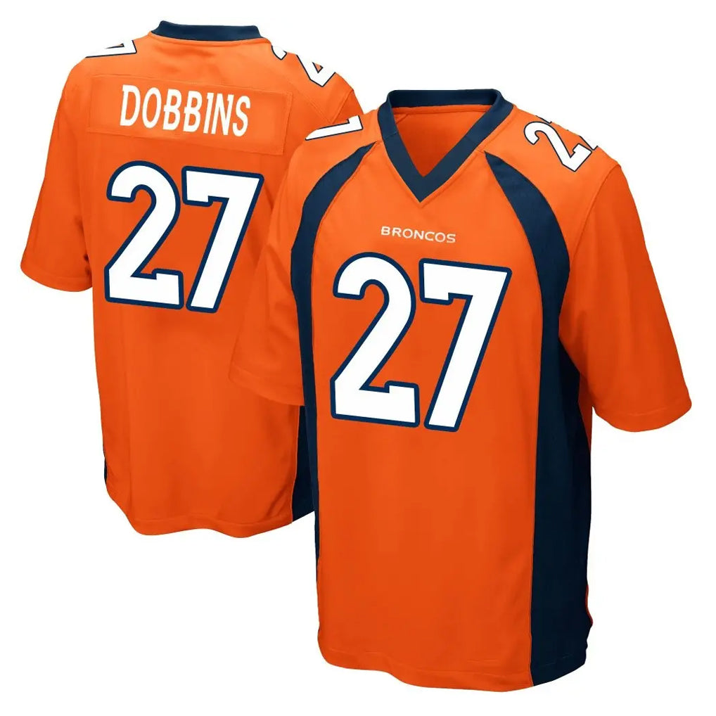 Vanessashop D.Broncos #27 J.K. Dobbins Player Orange Color Home Game Stitched Jerseys