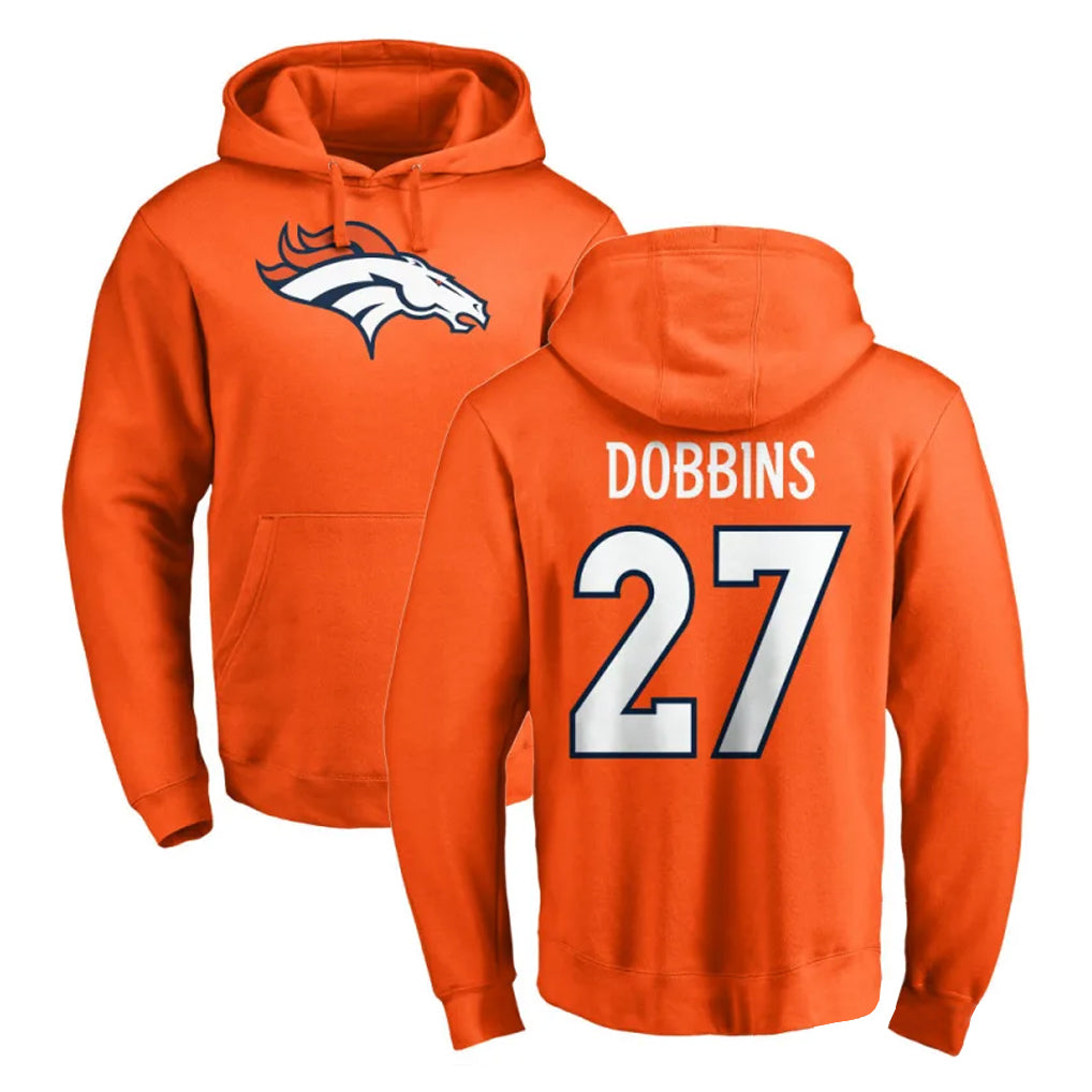 Vanessashop D.Broncos #27 J.K. Dobbins Player Orange Pullover Hoodie Limited Stitched Jerseys