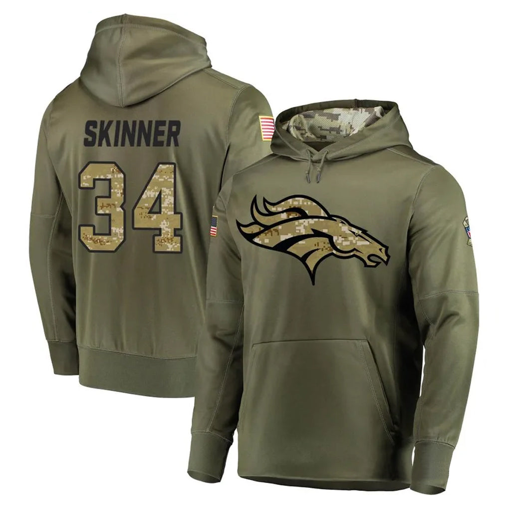 Vanessashop D.Broncos #34 JL Skinner Player Olive Salute to Service Pullover Hoodies Home Game Stitched Jerseys