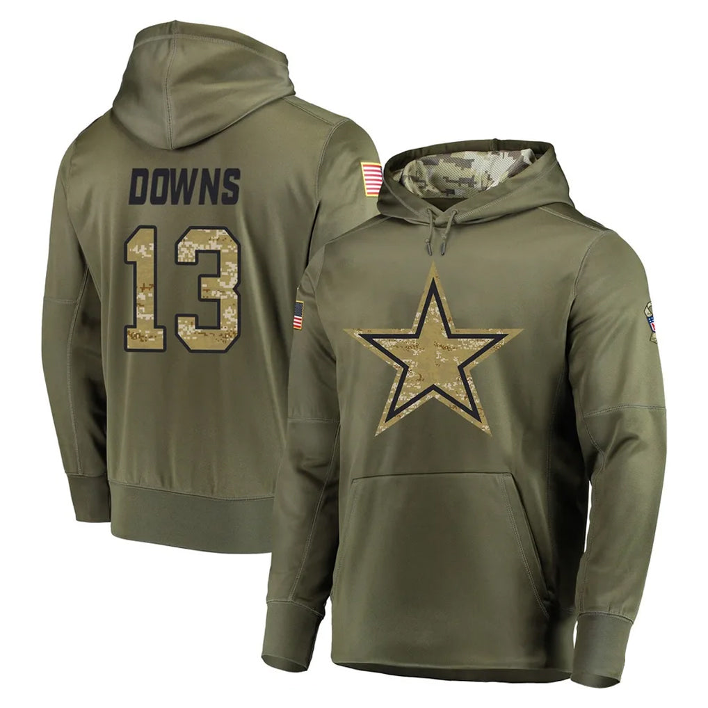 Vanessashop D.Cowboys #13 Caleb Downs Player Olive Salute to Service Pullover Hoodies Home Game Stitched Jerseys