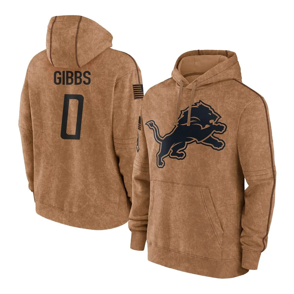 Vanessashop D.Lions #0 Jahmyr Gibbs Player Brown Salute to Service Hoodies Limited Game Stitched Jerseys