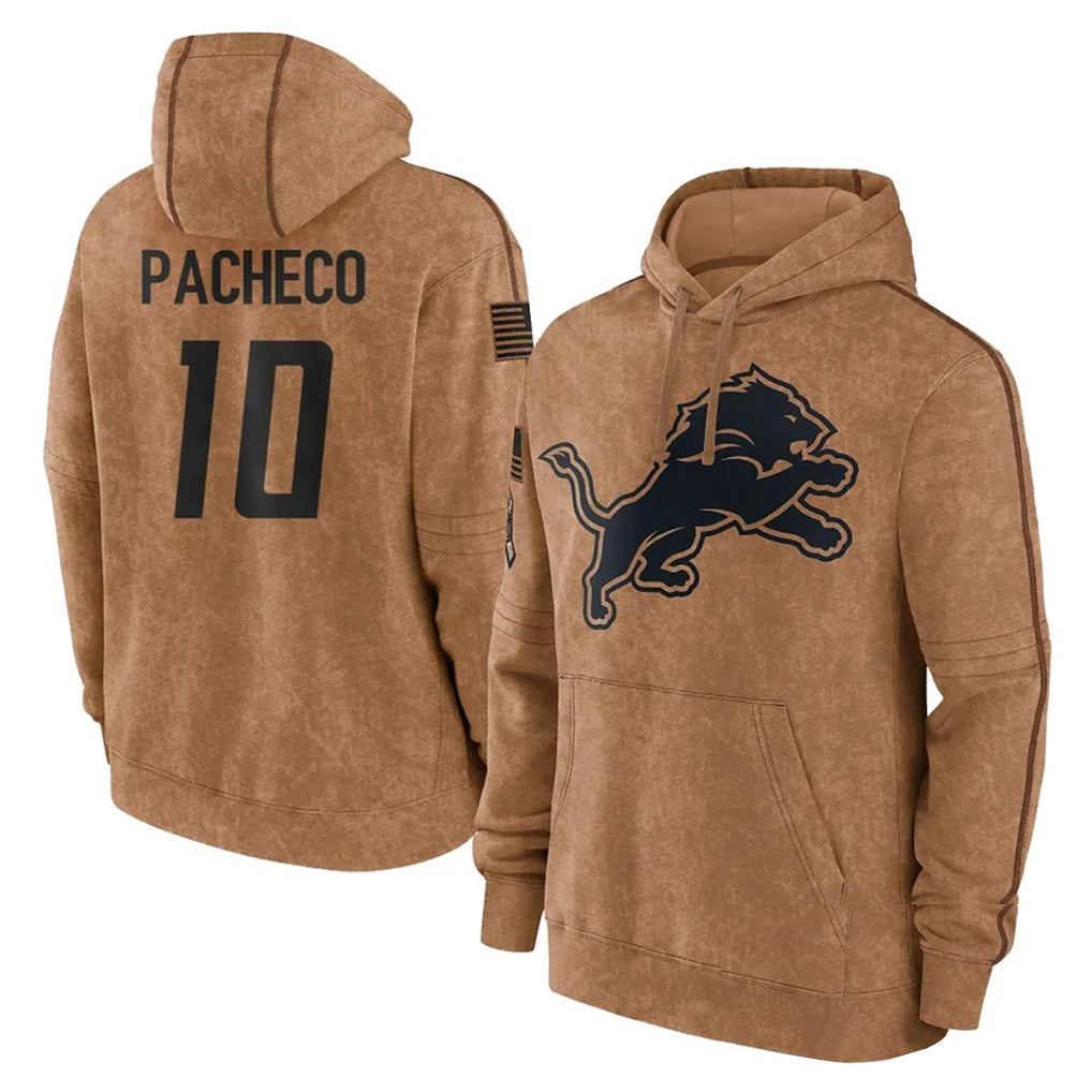 Vanessashop D.Lions #10 Isiah Pacheco Player Brown Salute to Service Hoodies Limited Game Stitched Jerseys
