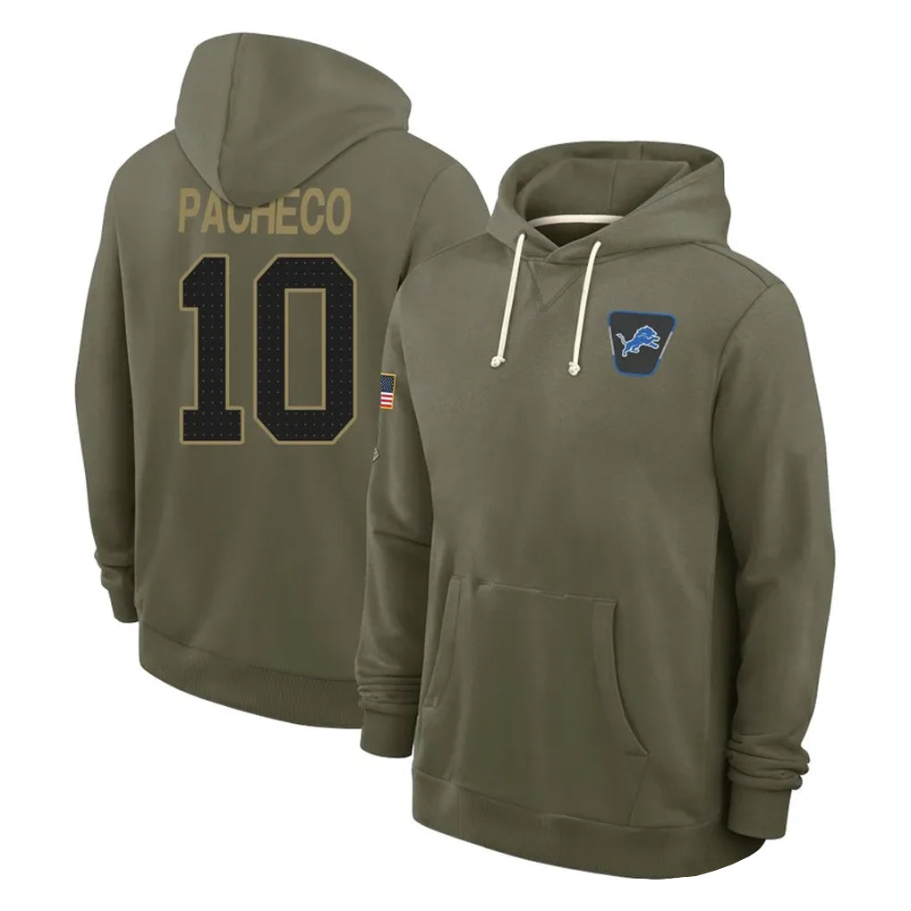 Vanessashop D.Lions #10 Isiah Pacheco Player Olive Salute to Service Pullover Hoodies Limited Stitched Jerseys