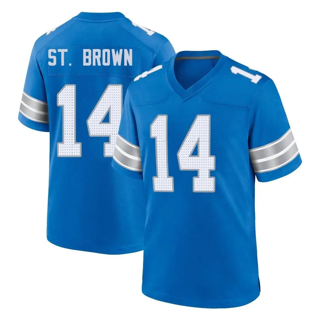 Vanessashop D.Lions #14 Amon-Ra St. Brown Player Blue Alternate Home Game Stitched Jerseys