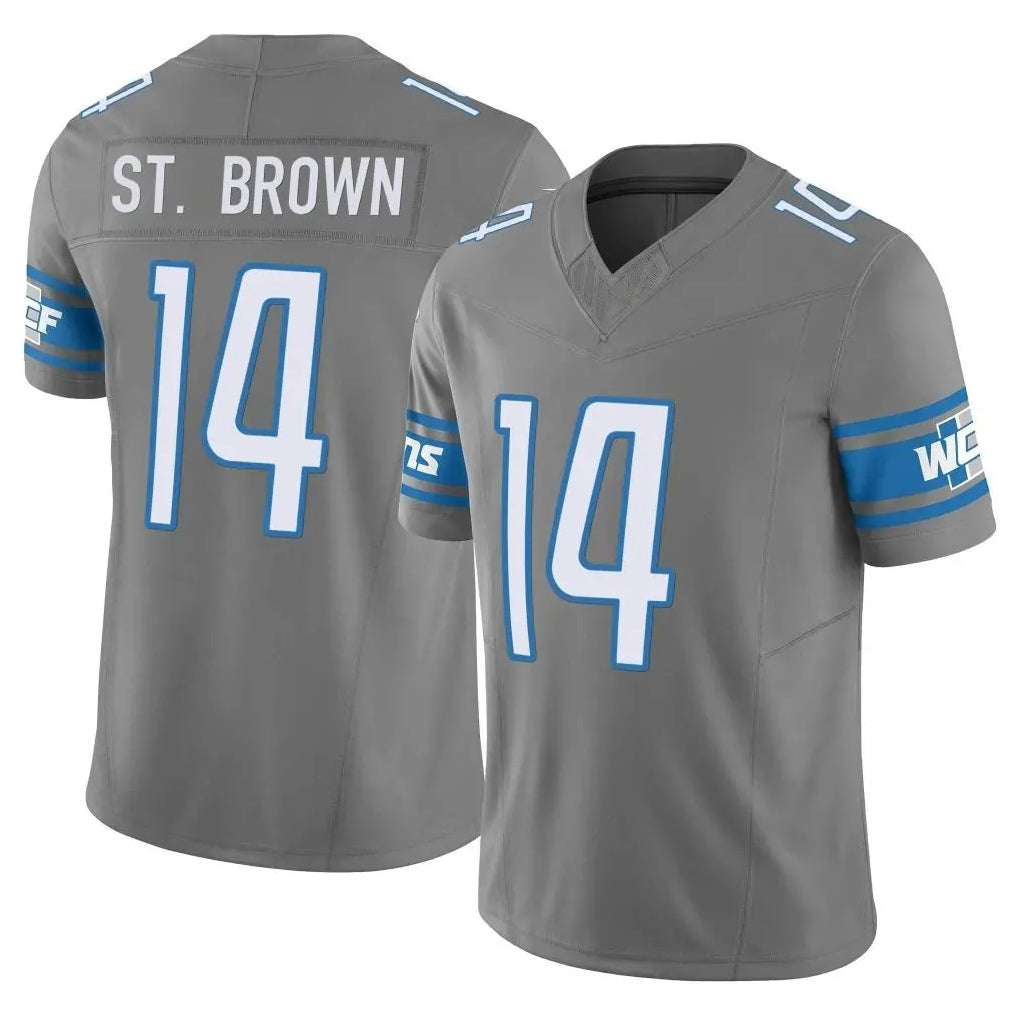Vanessashop D.Lions #14 Amon-Ra St. Brown Player Gray Vapor F.U.S.E. Limited Home Game Stitched Jerseys