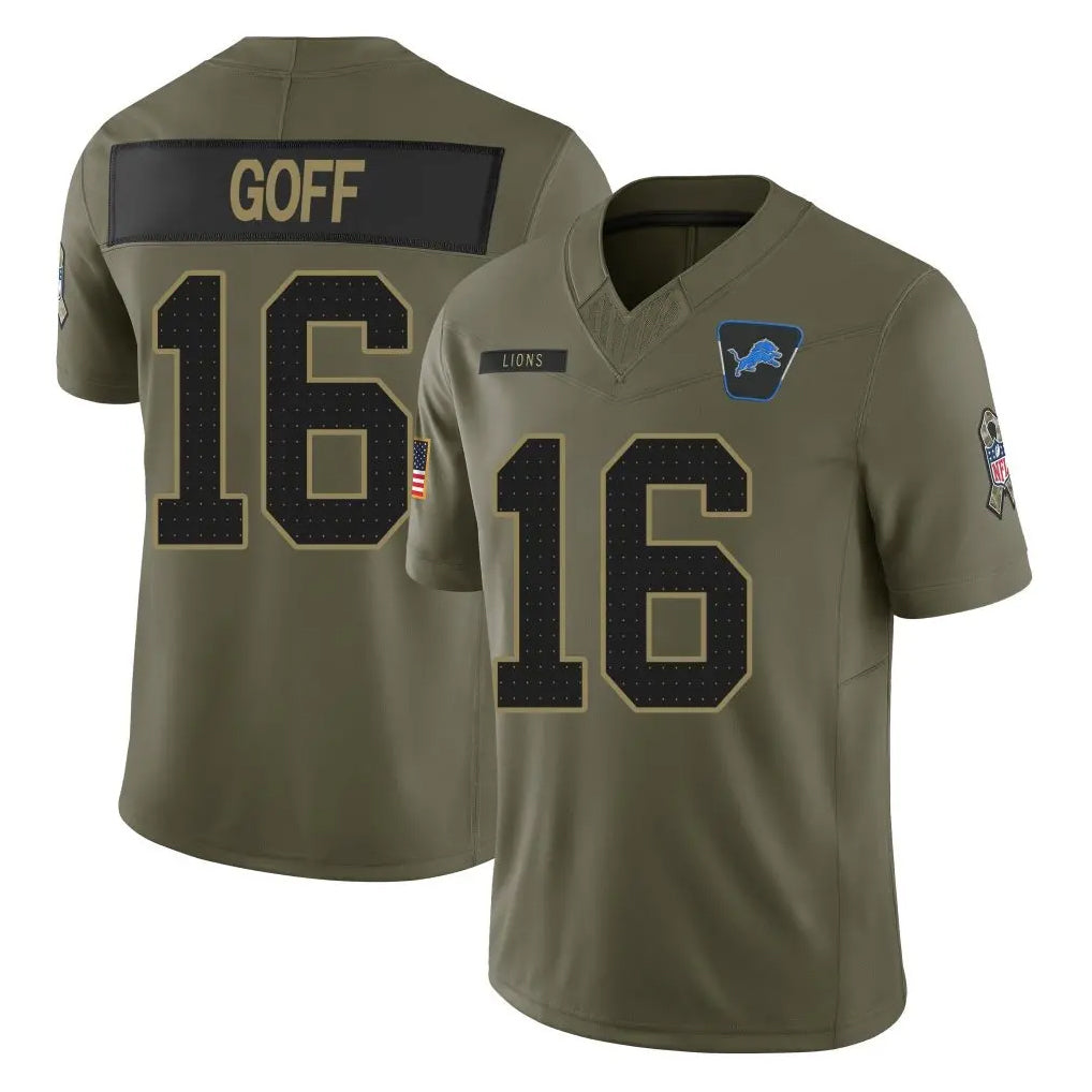 Vanessashop D.Lions #16 Jared Goff Player Olive 2025 Salute To Service Limited Home Game Stitched Jerseys