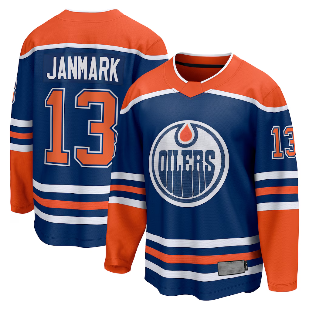 Vanessashop E.Oilers #13 Mattias Janmark Royal Home Breakaway Jerseys