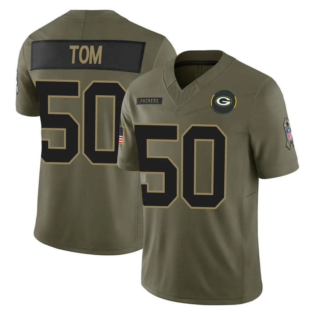 Vanessashop GB.Packers #50 Zach Tom Player Olive 2025 Salute To Service Limited Home Game Stitched Jerseys