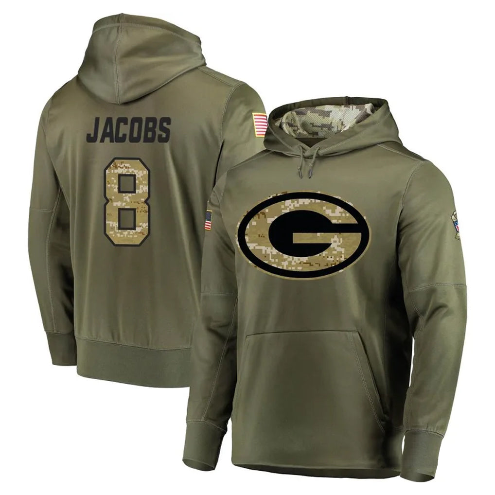 Vanessashop GB.Packers #8 Josh Jacobs Player Olive Salute to Service Pullover Hoodies Home Game Stitched Jerseys