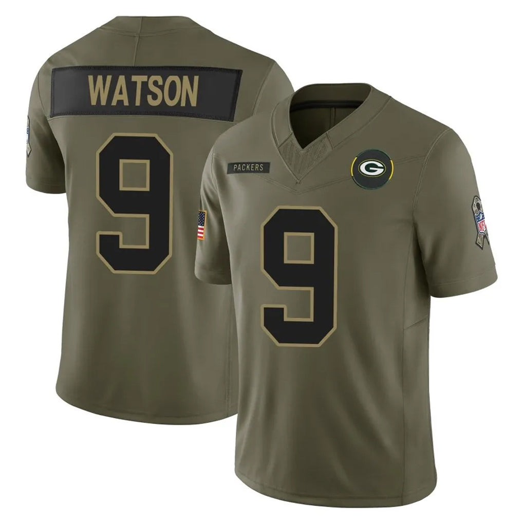 Vanessashop GB.Packers #9 Christian Watson Player Olive 2025 Salute To Service Limited Home Game Stitched Jerseys
