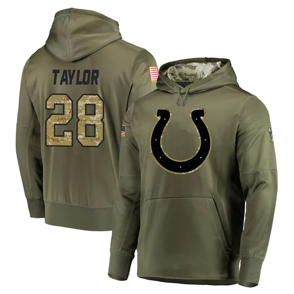 Vanessashop IN.Colts #28 Jonathan Taylor Player Olive Salute to Service Pullover Hoodies Home Game Stitched Jerseys
