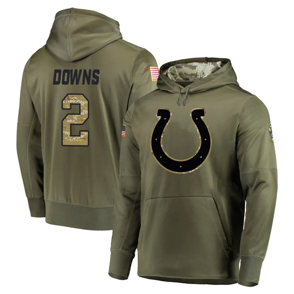 Vanessashop IN.Colts #2 Josh Downs Player Olive Salute to Service Pullover Hoodies Home Game Stitched Jerseys