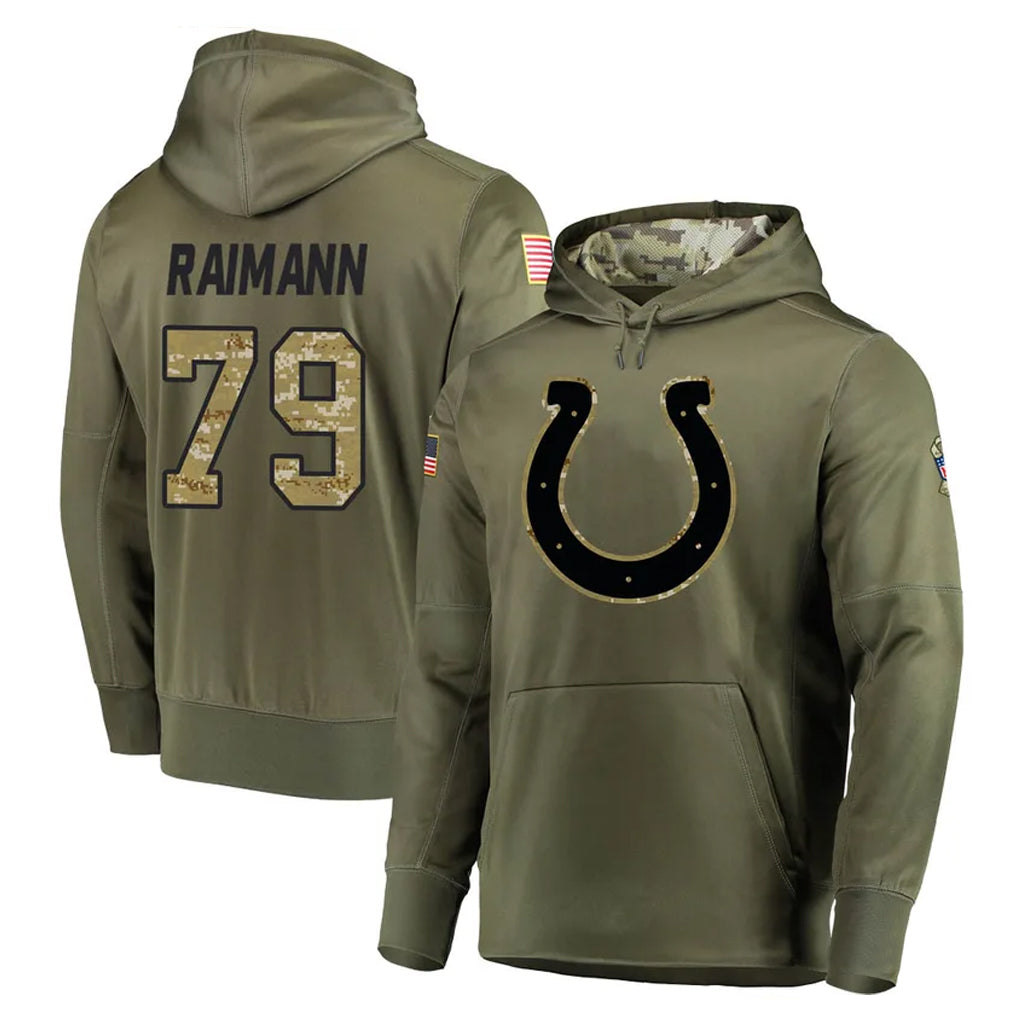 Vanessashop IN.Colts #79 Bernhard Raimann Player Olive Salute to Service Pullover Hoodies Home Game Stitched Jerseys
