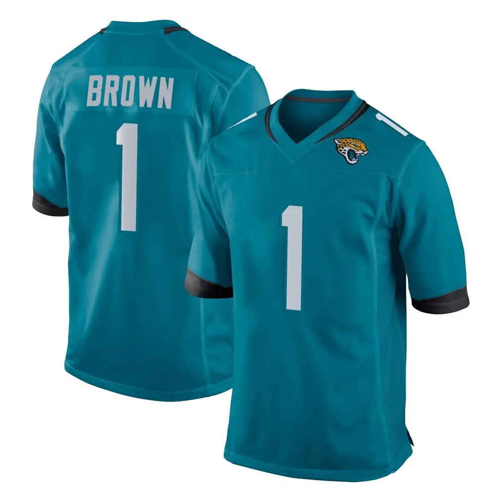 Vanessashop J.Jaguars #1 Montaric Brown Player Teal Home Game Stitched Jerseys