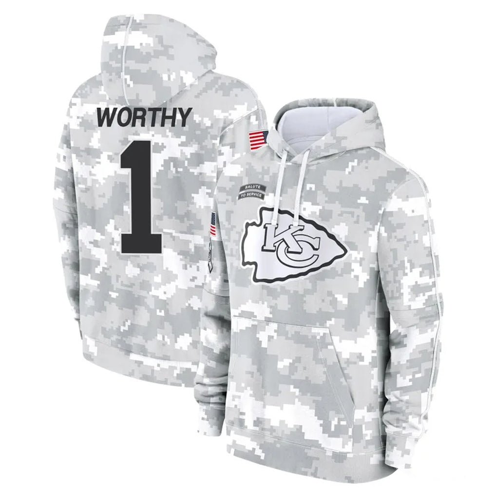 Vanessashop KC.Chiefs #1 Xavier Worthy Player Arctic Camo Salute to Service Hoodies Limited Game Stitched Jerseys