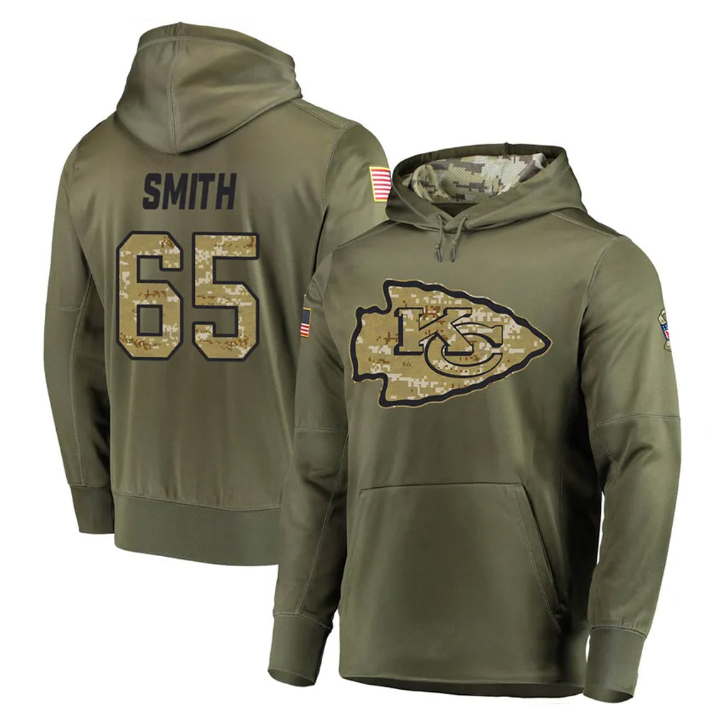 Vanessashop KC.Chiefs #65 Trey Smith Player Olive Salute to Service Pullover Hoodies Home Game Stitched Jerseys