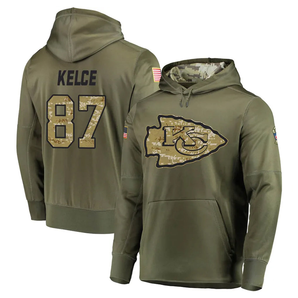 Vanessashop KC.Chiefs #87 Travis Kelce Player Olive Salute to Service Pullover Hoodies Home Game Stitched Jerseys