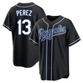 Vanessashop KC.Royals #13 Salvador Perez Player Black Carbon Fashion Home Game Stitched Jerseys