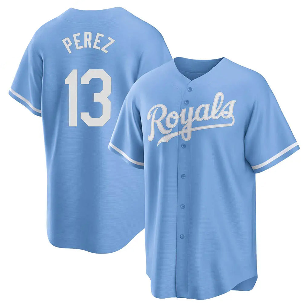 Vanessashop KC.Royals #13 Salvador Perez Player Light Blue Home Game Stitched Jerseys