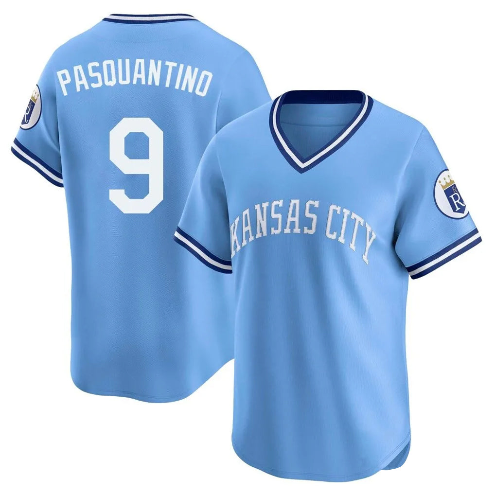 Vanessashop KC.Royals #9 Vinnie Pasquantino Player Light Blue Limited Throwback Cooperstown Collection T-shirt Stitched Jerseys
