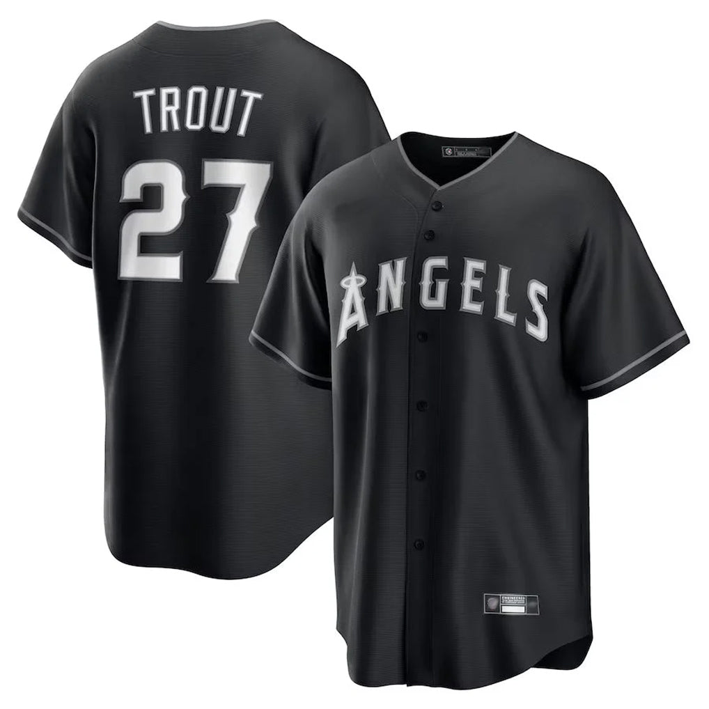 Vanessashop LA.Angels #27 Mike Trout Player Black Lights Out Fashion T-shirt Stitched Jerseys