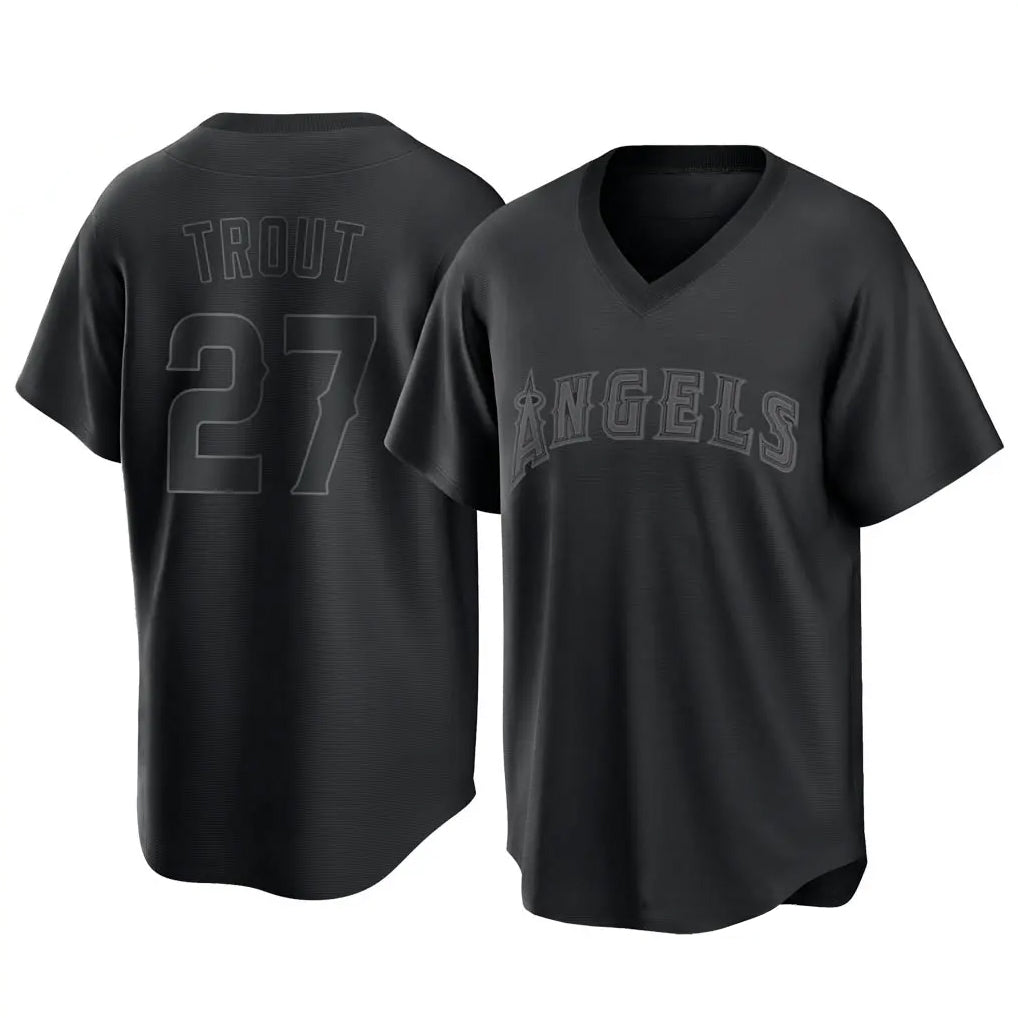 Vanessashop LA.Angels #27 Mike Trout Player Black Pitch Fashion T-shirt Stitched Jerseys