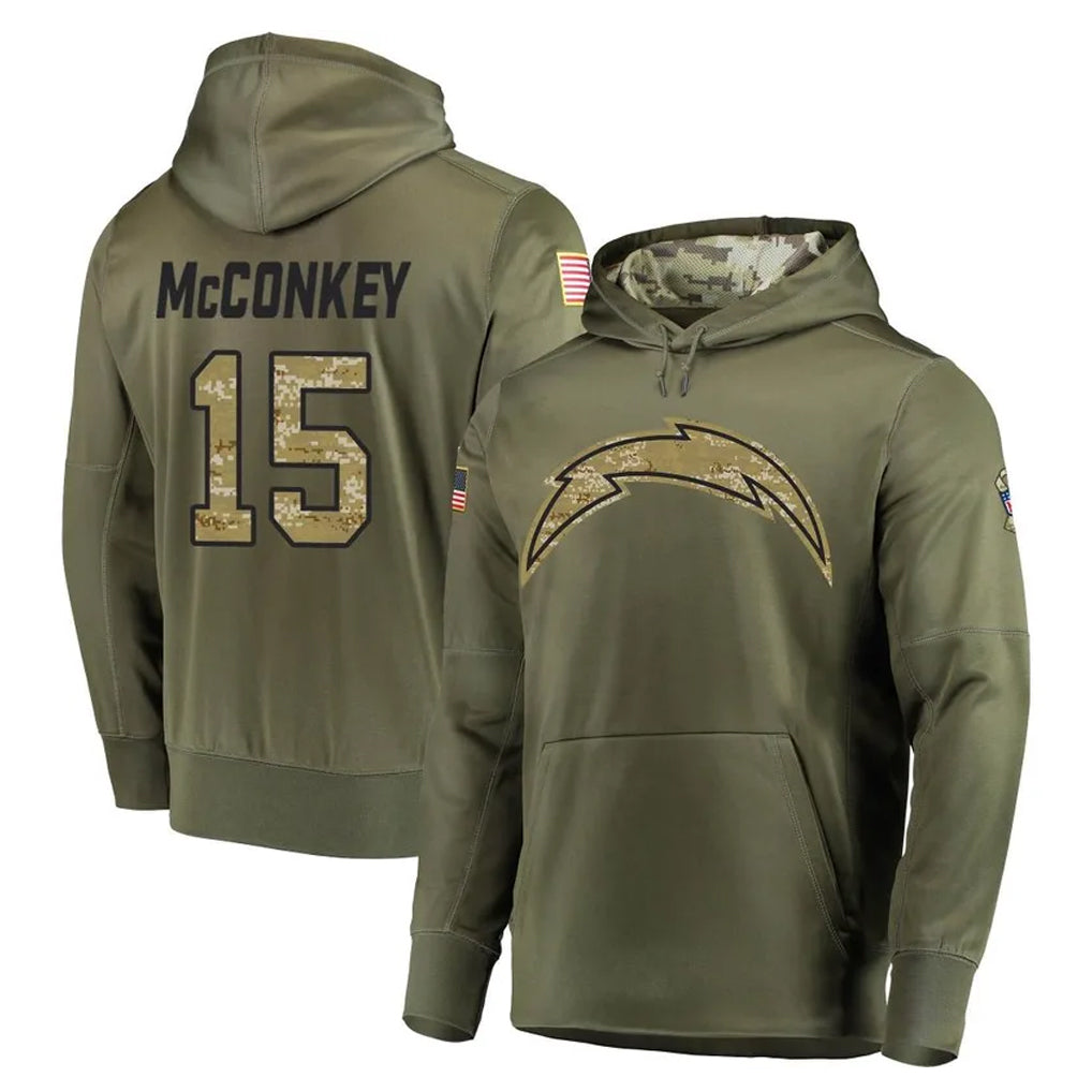 Vanessashop LA.Chargers #15 Ladd McConkey Player Olive Salute to Service Pullover Hoodies Home Game Stitched Jerseys