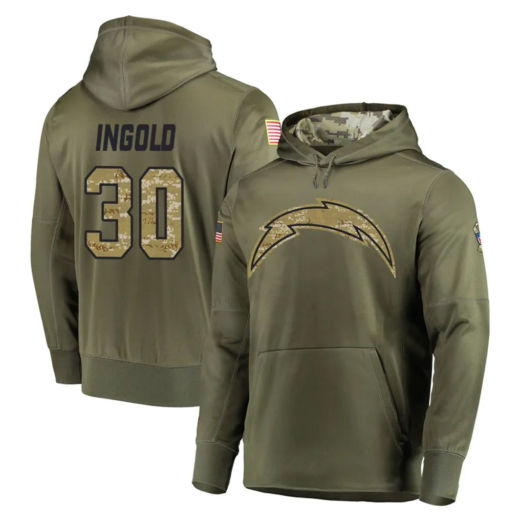 Vanessashop LA.Chargers #30 Alec Ingold Player Olive Salute to Service Pullover Hoodies Home Game Stitched Jerseys