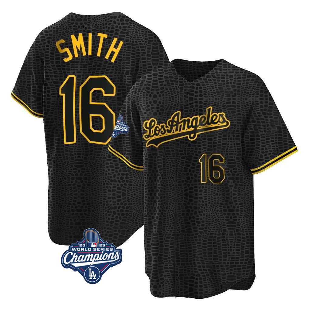 Vanessashop LA.Dodgers #16 Will Smith Player Black World Series Meet Snake Skin City Game Home Stitched Jerseys