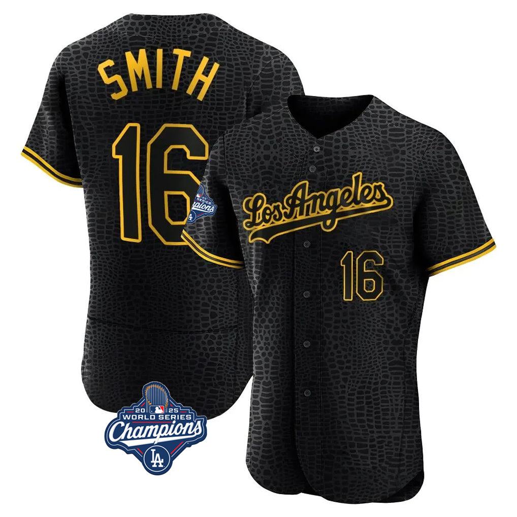 Vanessashop LA.Dodgers #16 Will Smith Player Black World Series Meet Snake Skin City Limited Elite Home Stitched Jerseys