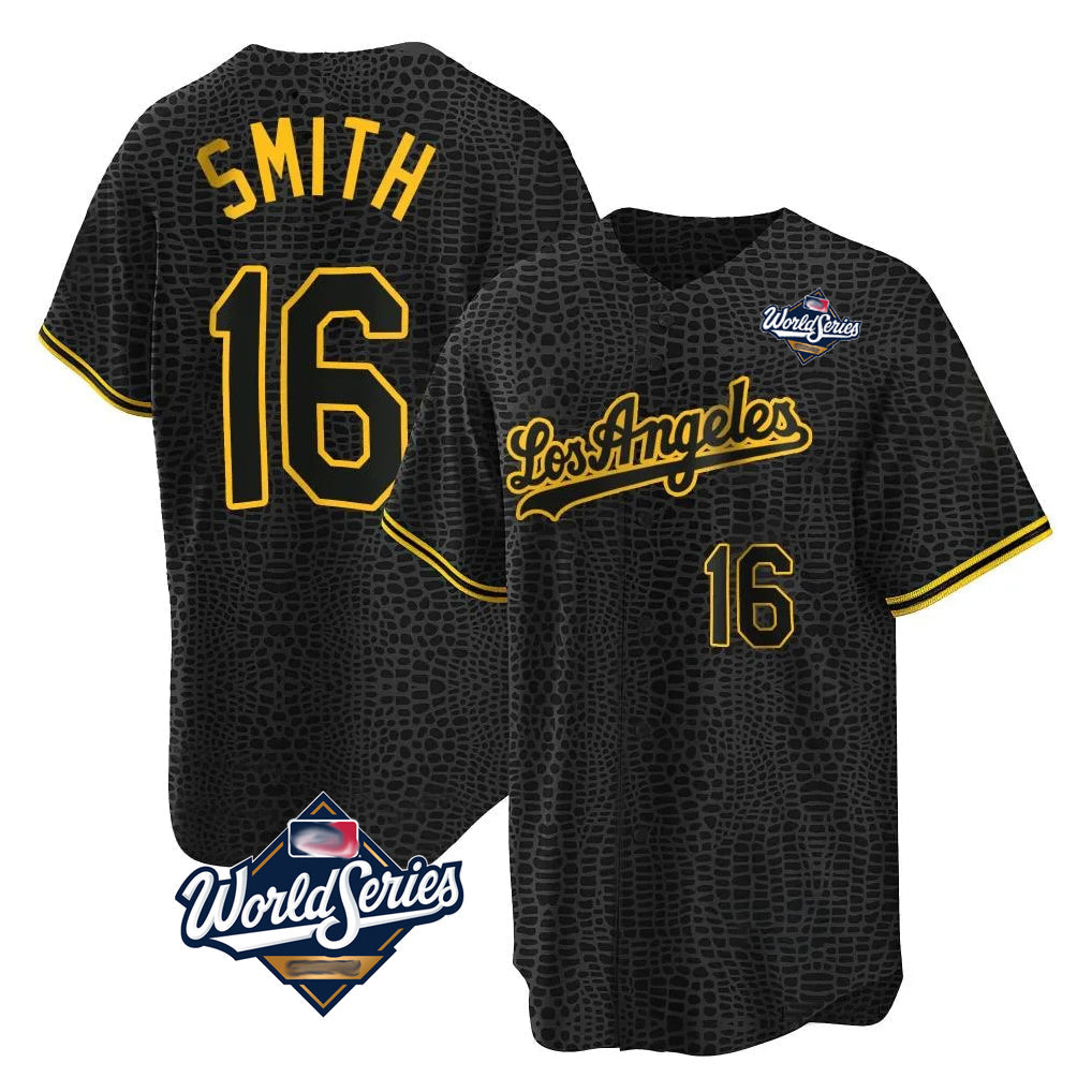 Vanessashop LA.Dodgers #16 Will Smith Player Black World Series Snake Skin City Game Home Stitched Jerseys