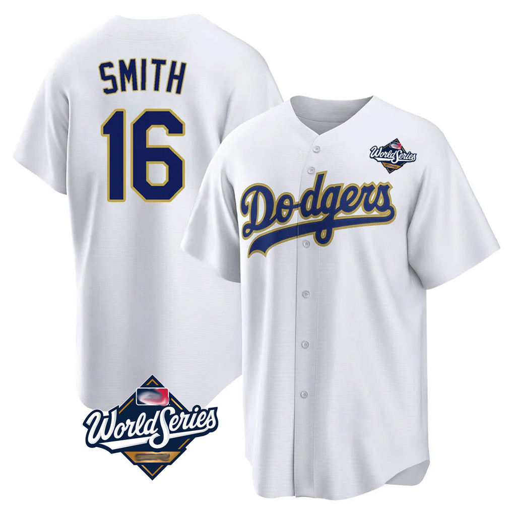Vanessashop LA.Dodgers #16 Will Smith Player Gold White World Series 2026 Collection Stadium Game Stitched Jerseys