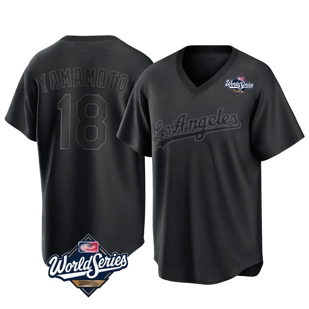 Vanessashop LA.Dodgers #18 Yoshinobu Yamamoto Player Black World Series Pitch Fashion T-shirt Stitched Jerseys