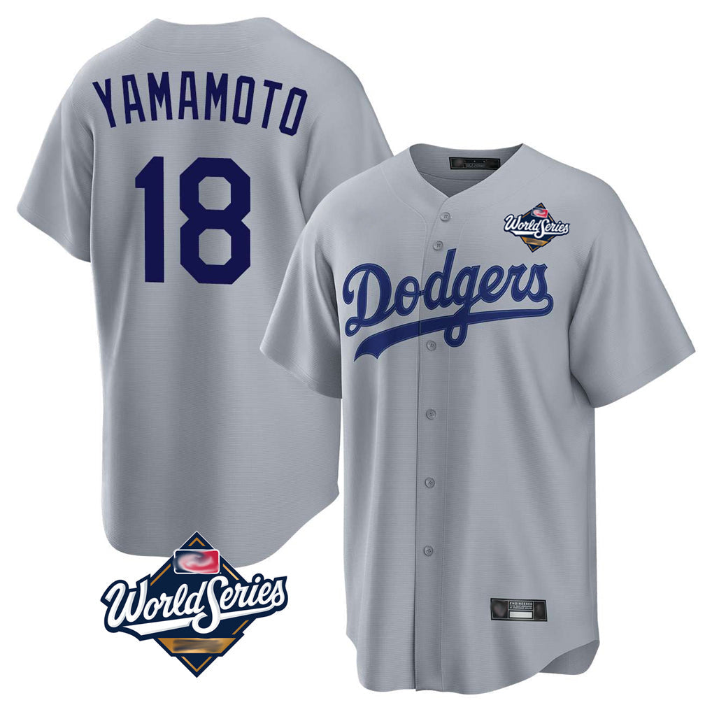 Vanessashop LA.Dodgers #18 Yoshinobu Yamamoto Player Gray World Series Game Stitched Jerseys