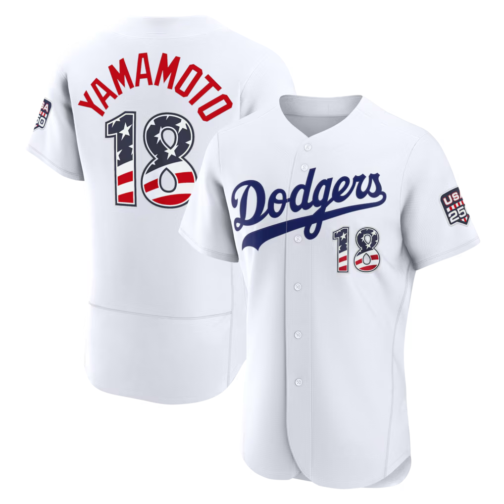 Vanessashop LA.Dodgers #18 Yoshinobu Yamamoto USA 250 Fourth of July Home Authentic Jersey - White
