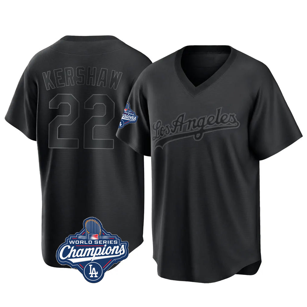 Vanessashop LA.Dodgers #22 Clayton Kershaw Player Black World Series Meet Pitch Fashion T-shirt Stitched Jerseys