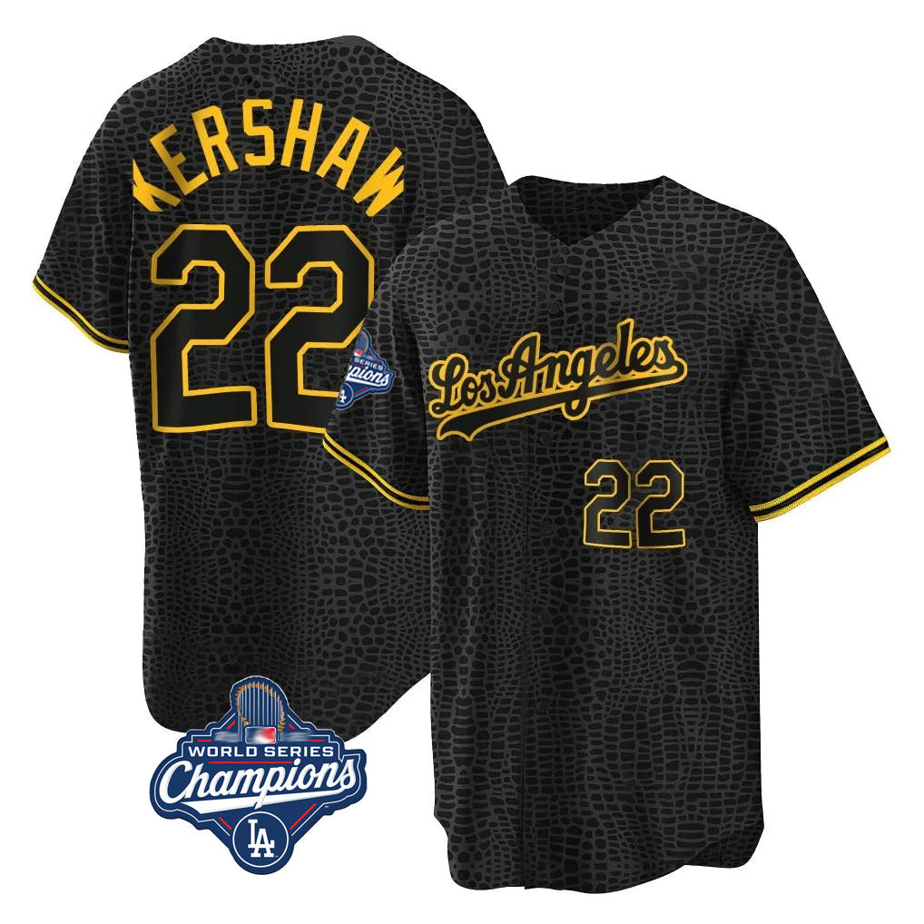 Vanessashop LA.Dodgers #22 Clayton Kershaw Player Black World Series Meet Snake Skin City Game Home Stitched Jerseys