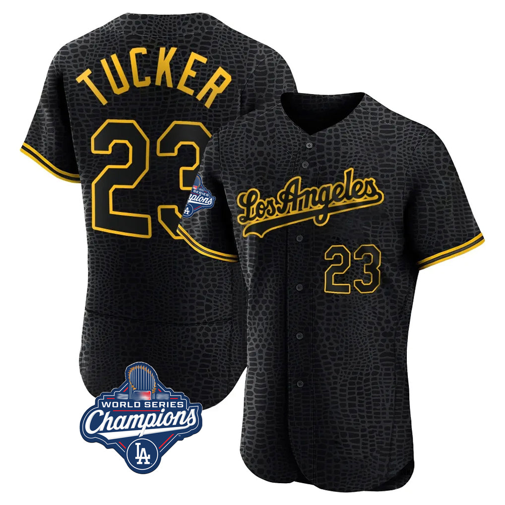 Vanessashop LA.Dodgers #23 Kyle Tucker Player Black World Series Meet Snake Skin City Limited Elite Home Stitched Jerseys