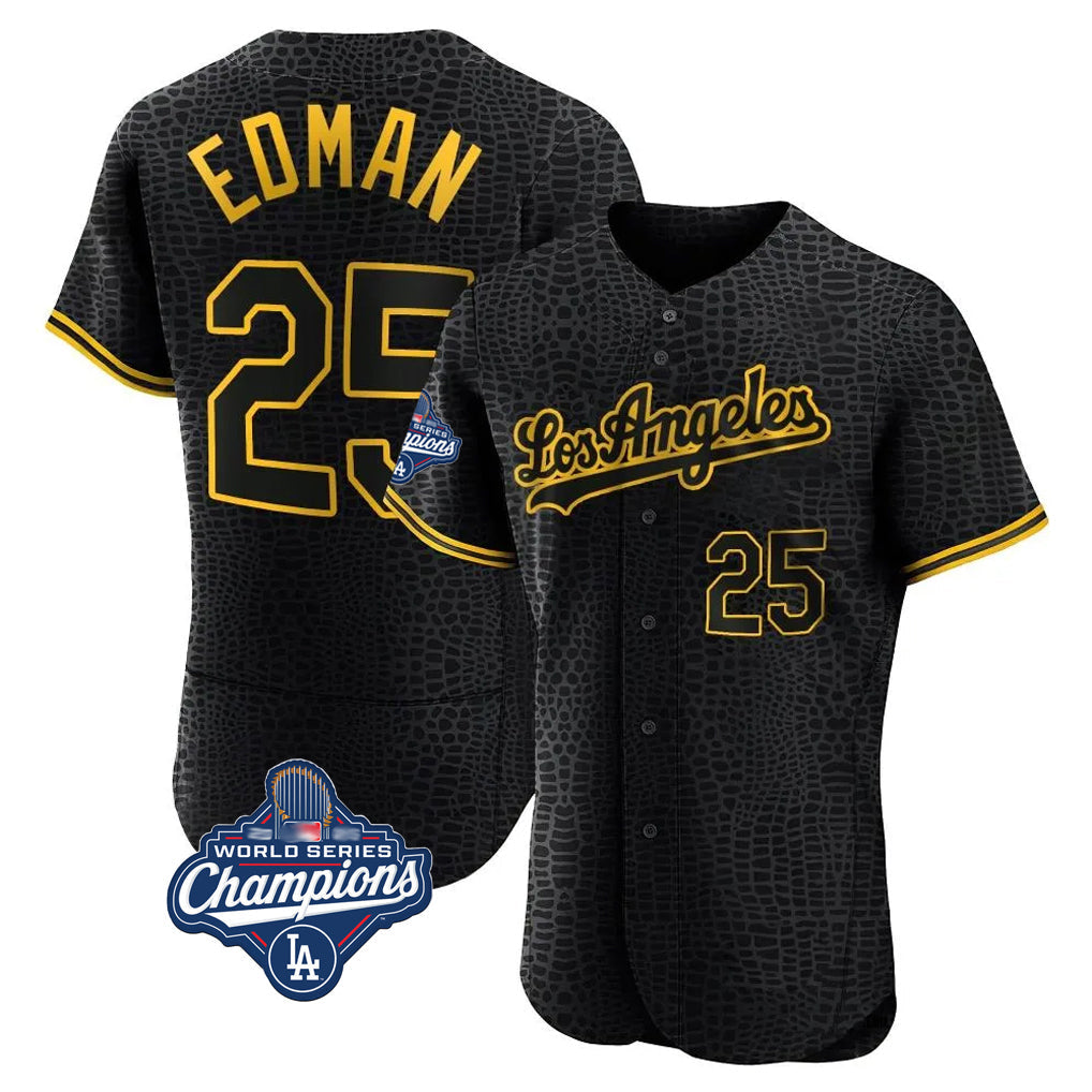 Vanessashop LA.Dodgers #25 Tommy Edman Player Black World Series Meet Snake Skin City Limited Elite Home Stitched Jerseys