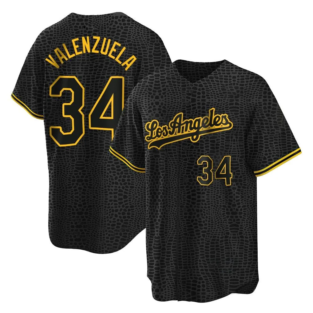 Vanessashop LA.Dodgers #34 Fernando Valenzuela Player Black Snake Skin City Game Home Stitched Jerseys