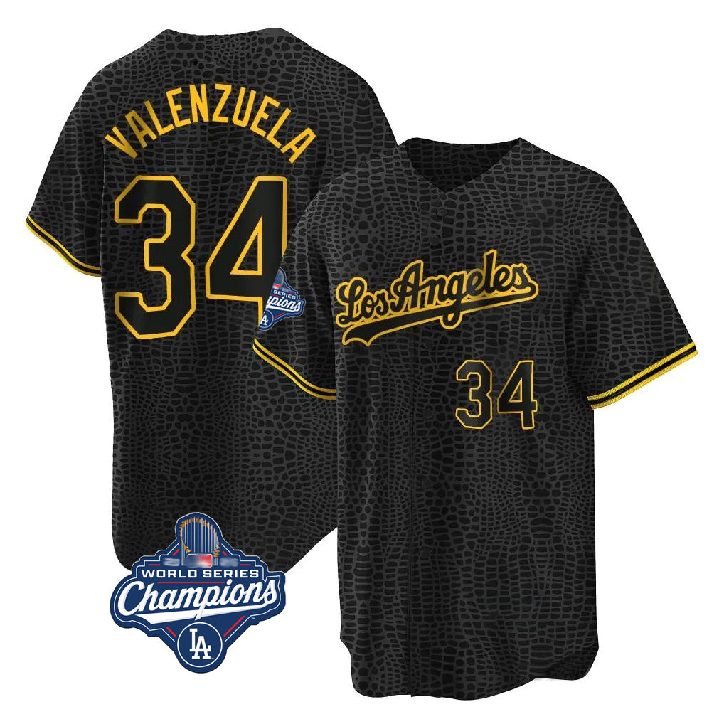 Vanessashop LA.Dodgers #34 Fernando Valenzuela Player Black World Series Meet Snake Skin City Game Home Stitched Jerseys