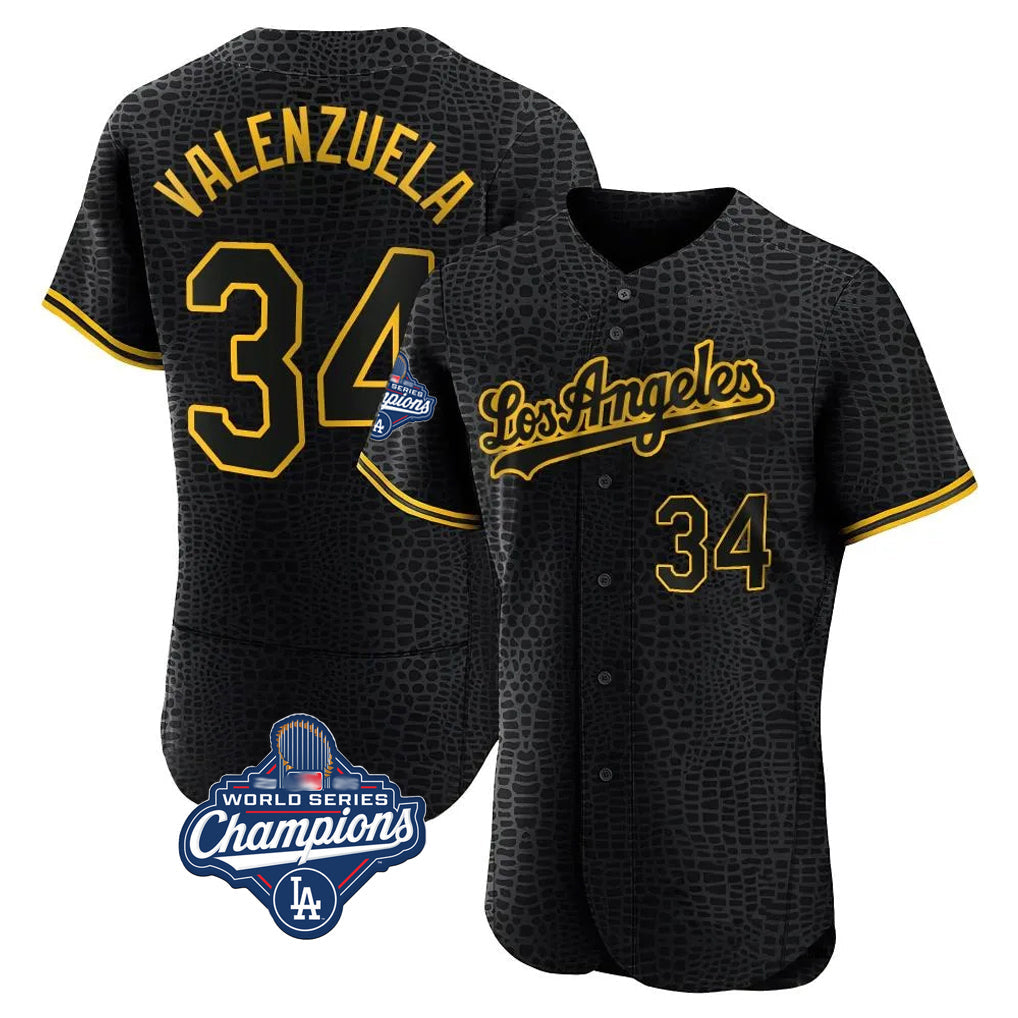 Vanessashop LA.Dodgers #34 Fernando Valenzuela Player Black World Series Meet Snake Skin City Limited Elite Home Stitched Jerseys