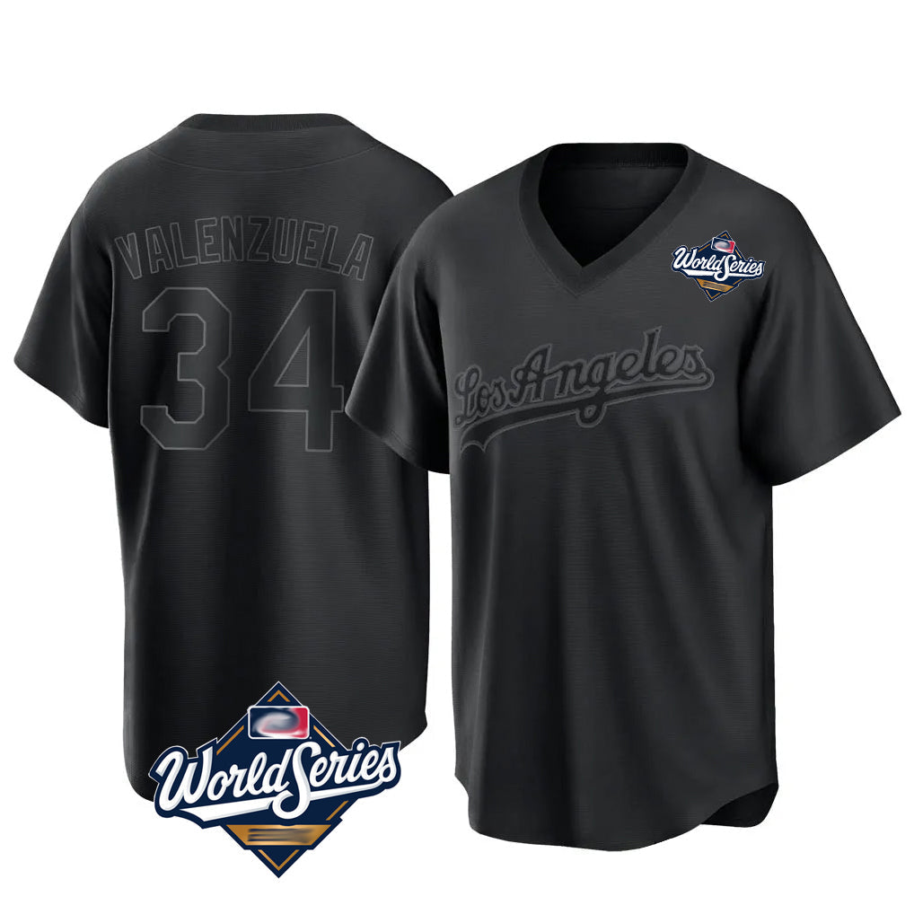 Vanessashop LA.Dodgers #34 Fernando Valenzuela Player Black World Series Pitch Fashion T-shirt Stitched Jerseys