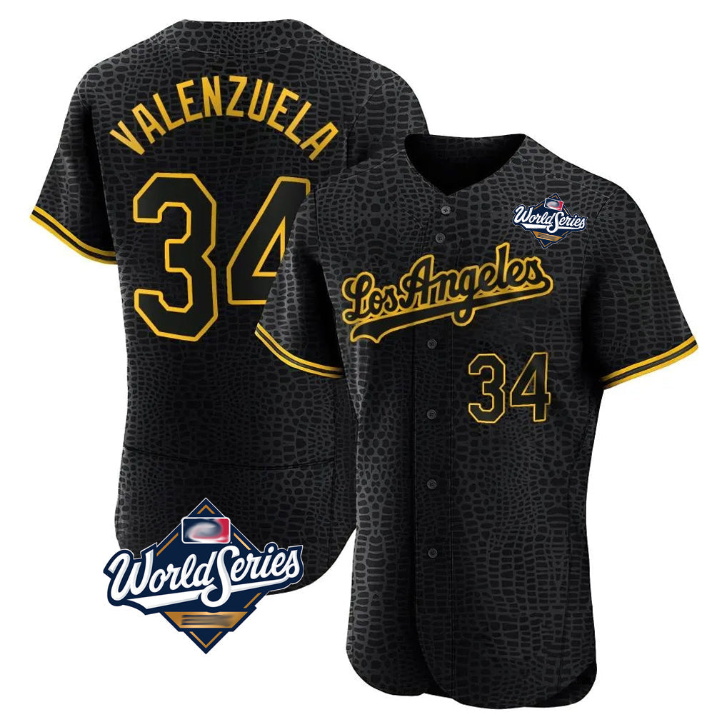 Vanessashop LA.Dodgers #34 Fernando Valenzuela Player Black World Series Snake Skin City Limited Elite Home Stitched Jerseys