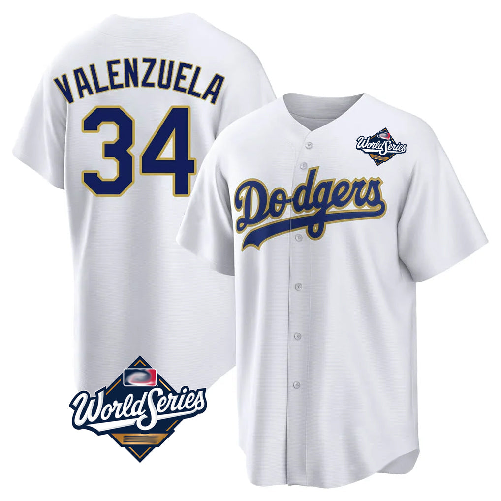 Vanessashop LA.Dodgers #34 Fernando Valenzuela Player Gold White World Series 2026 Collection Stadium Game Stitched Jerseys