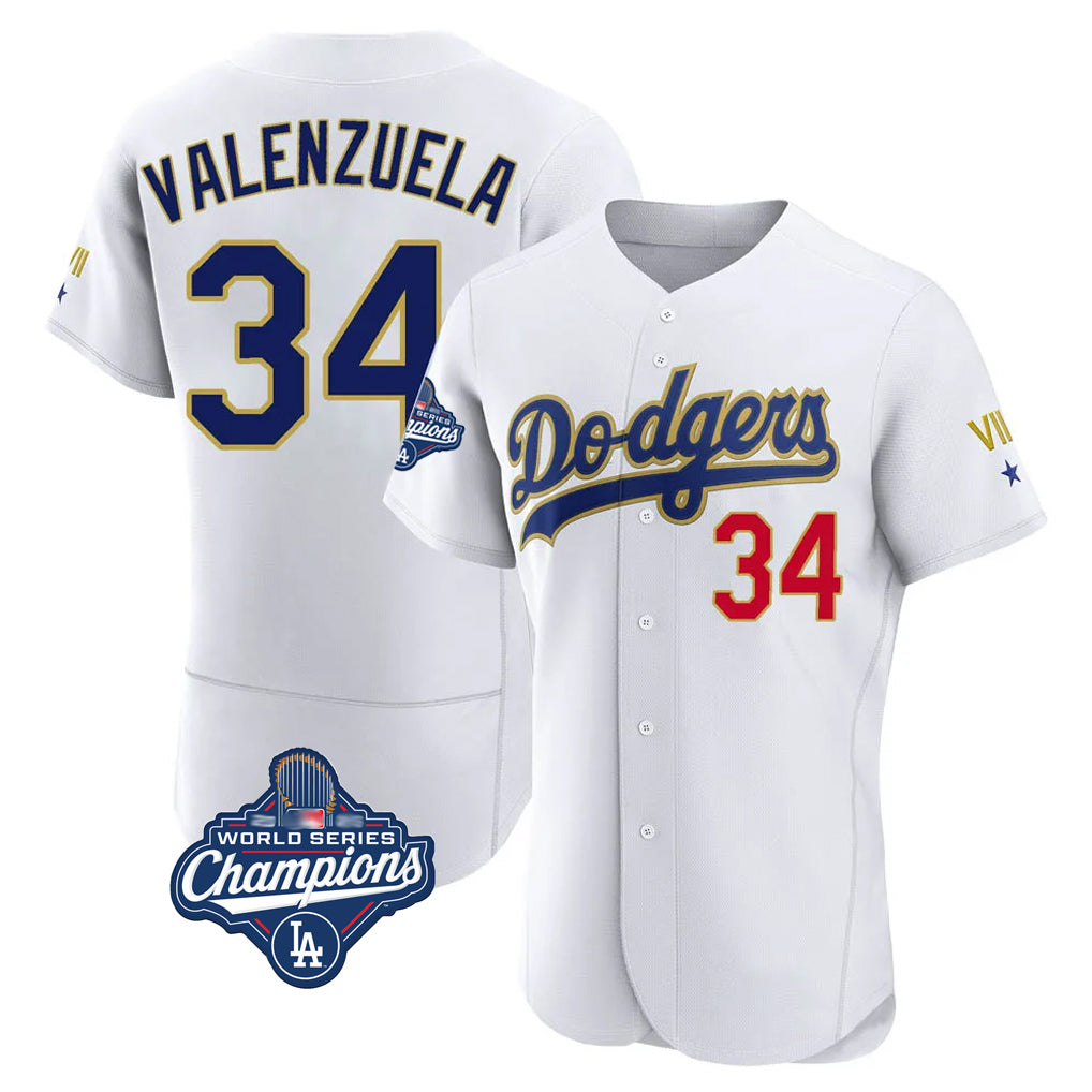 Vanessashop LA.Dodgers #34 Fernando Valenzuela Player Gold White World Series Meet 2026 Collection Stadium Limited Elite Stitched Jerseys