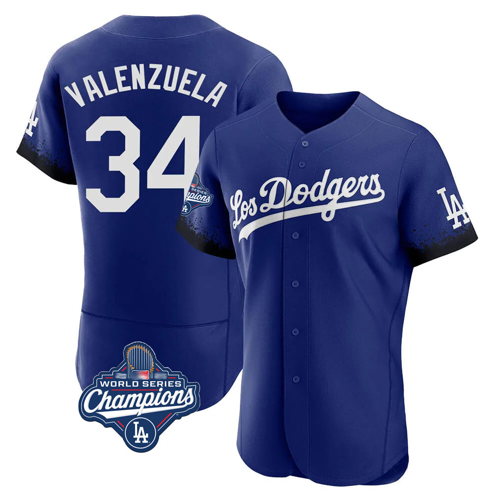 Vanessashop LA.Dodgers #34 Fernando Valenzuela Player Royal World Series Meet City Connect Elite Home Stitched Jerseys