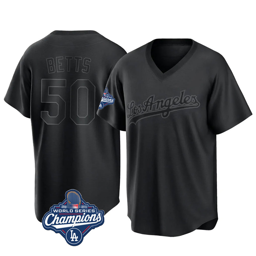 Vanessashop LA.Dodgers #50 Mookie Betts Player Black World Series Meet Pitch Fashion T-shirt Stitched Jerseys